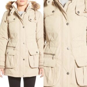 DKNY Tan Utility Jacket with Faux Fur Hood